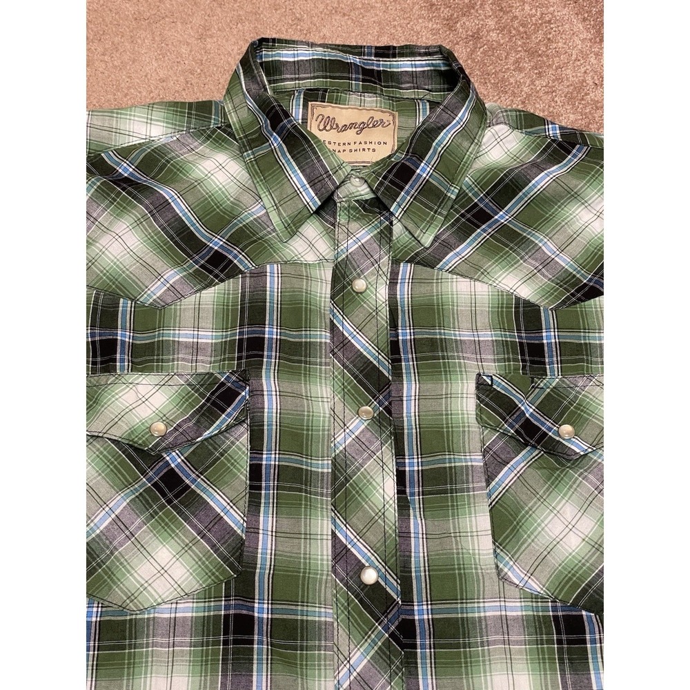 Wrangler Wrancher Western Pearl snap Bush Popper Mens XL Green Plaid Long Sleeve - Picture 2 of 6
